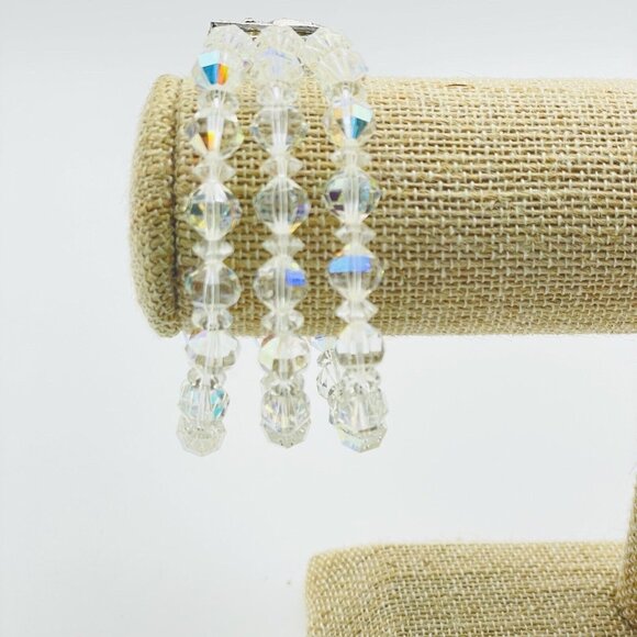 Triple Strand Beaded Bracelet Silver Tone Rhinestone Clasp Sunburst Glam Bling - Picture 8 of 8